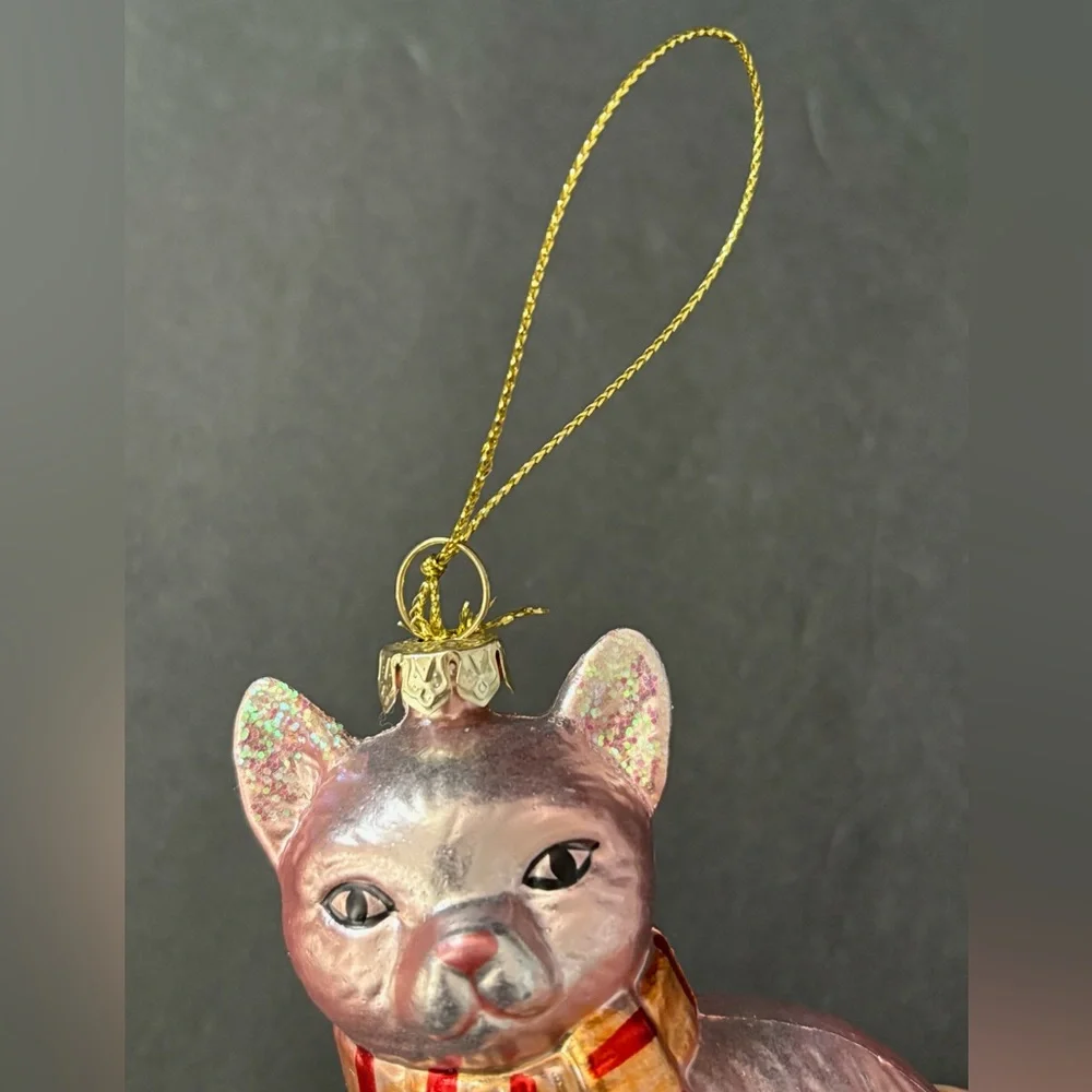 Elegant Pink Iridescent Feline Cat Striped Scarf Blown Glass Ornament Home Decor